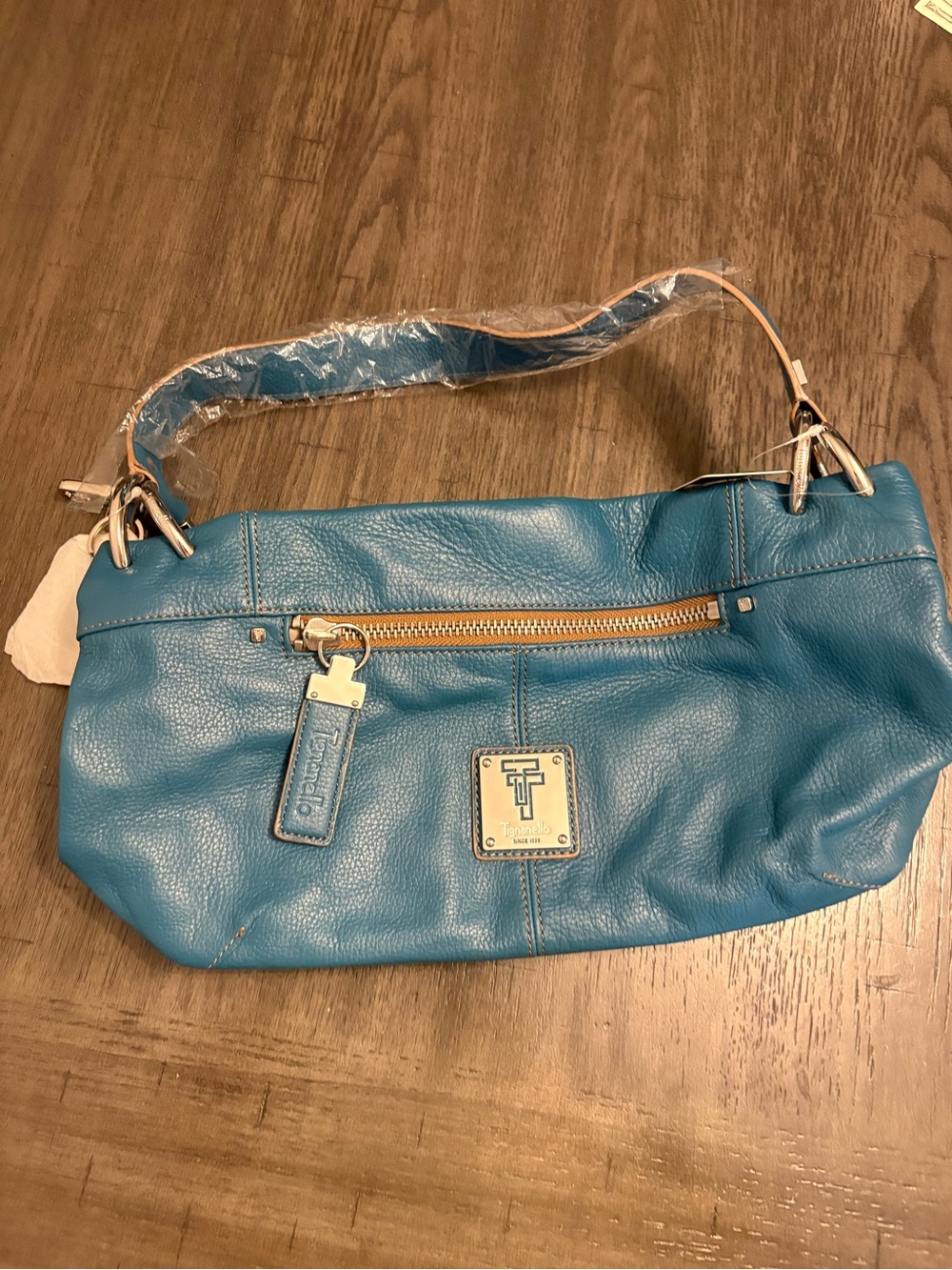 Tignanello Turquoise Pebbled Leather Shoulder Bag with Gold Hardware